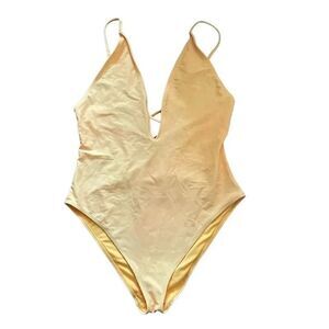 Yellow Beachy Cut Out Plunge One Piece Adjustable Straps Swimming Suit Sz M/L